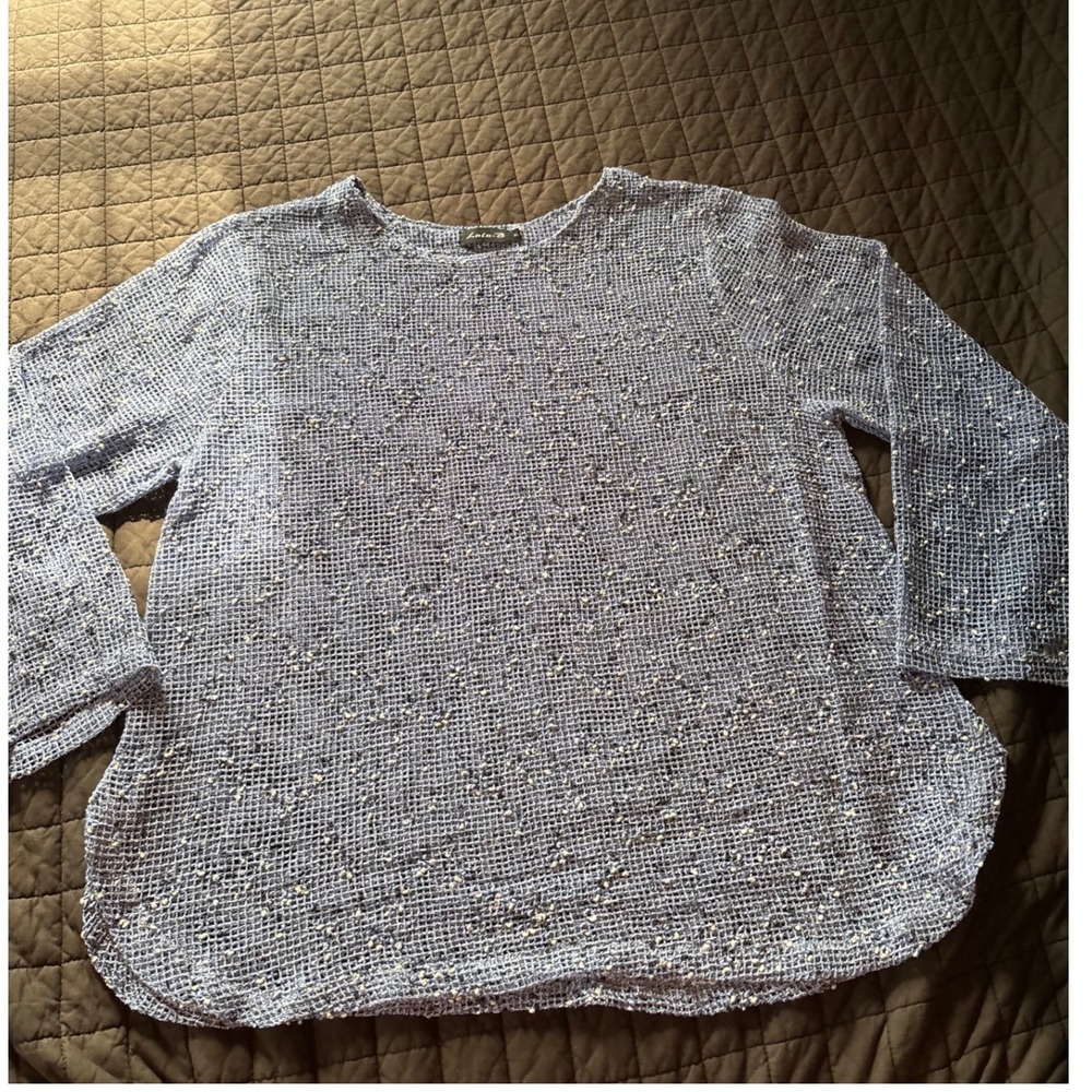 Lulu-B Womens XL Light Blue Open Knit Mesh Slub Sweater Scoop Neck Curved Hem